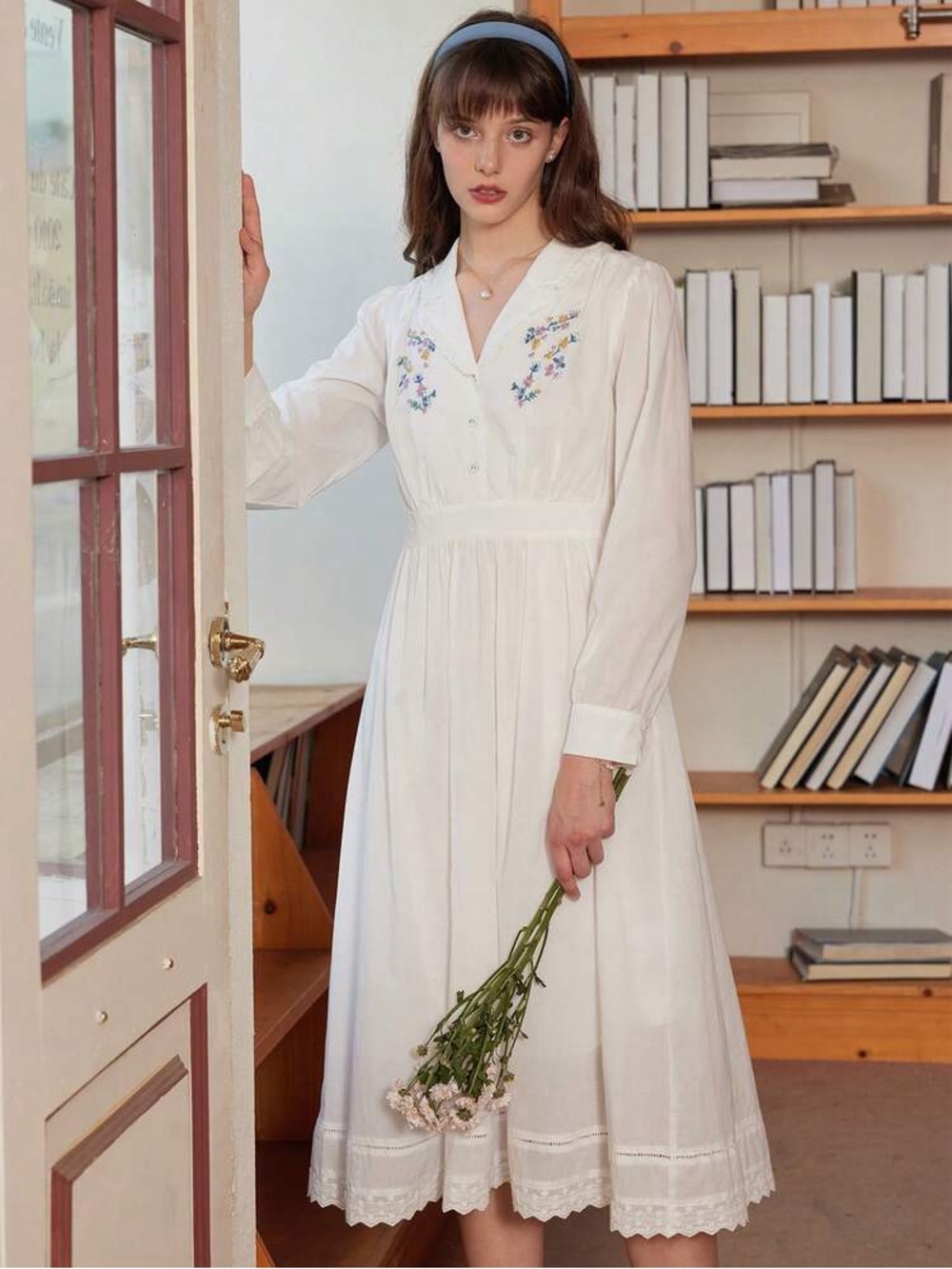 Simple Retro Embroidered Prairie Dress 100% Cotton - Picture 7 of 14